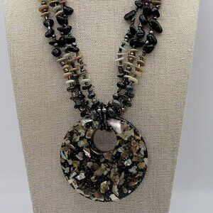 Cg Mother Of Pearl Mosaic Circle Pendant Mop Onyx Beaded Necklace 20 Inch